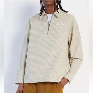 Pacsun Playboy Waffle Knit 1/4 Zip Shirt Jacket L Beige Pockets Relaxed NEW